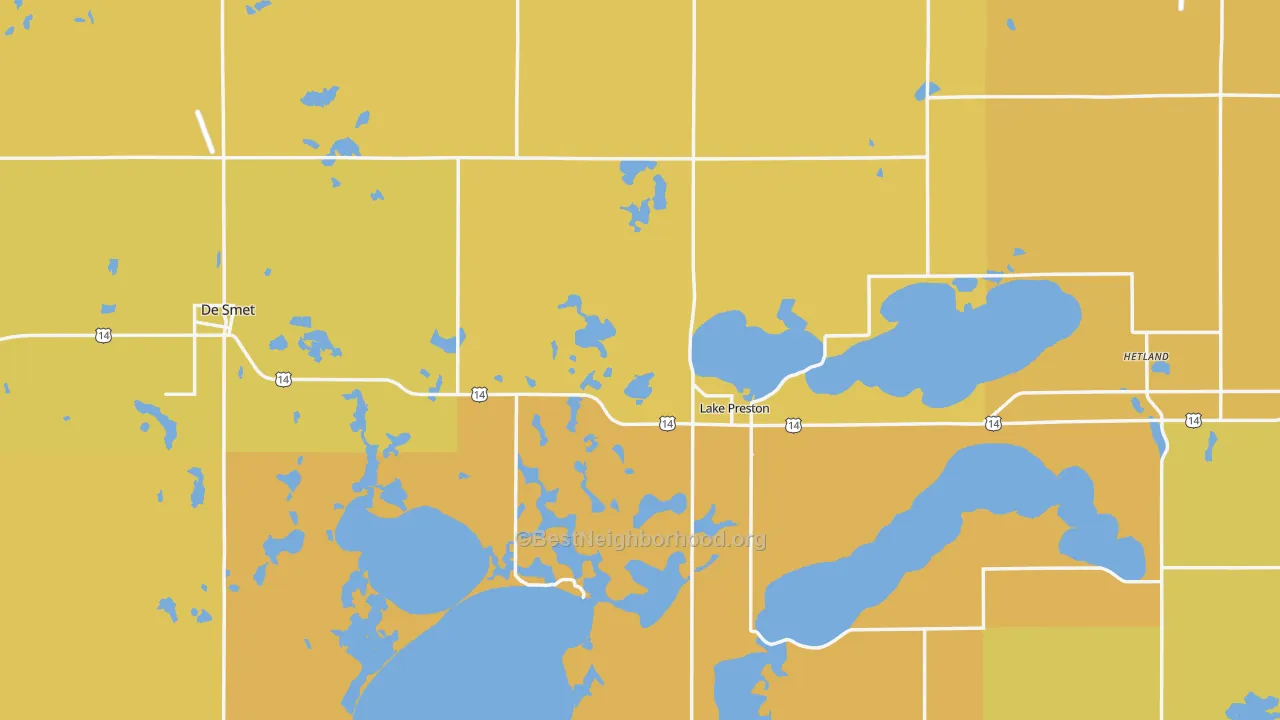 Map of the best neighborhoods in the Kingsbury County area, with better matches in green and worse matches in red