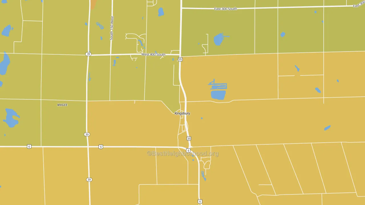 Map of the best neighborhoods in the Kingsbury area, with better matches in green and worse matches in red