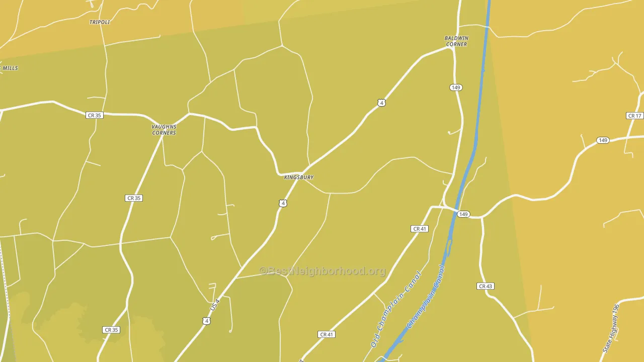 Map of the best neighborhoods in the Kingsbury area, with better matches in green and worse matches in red