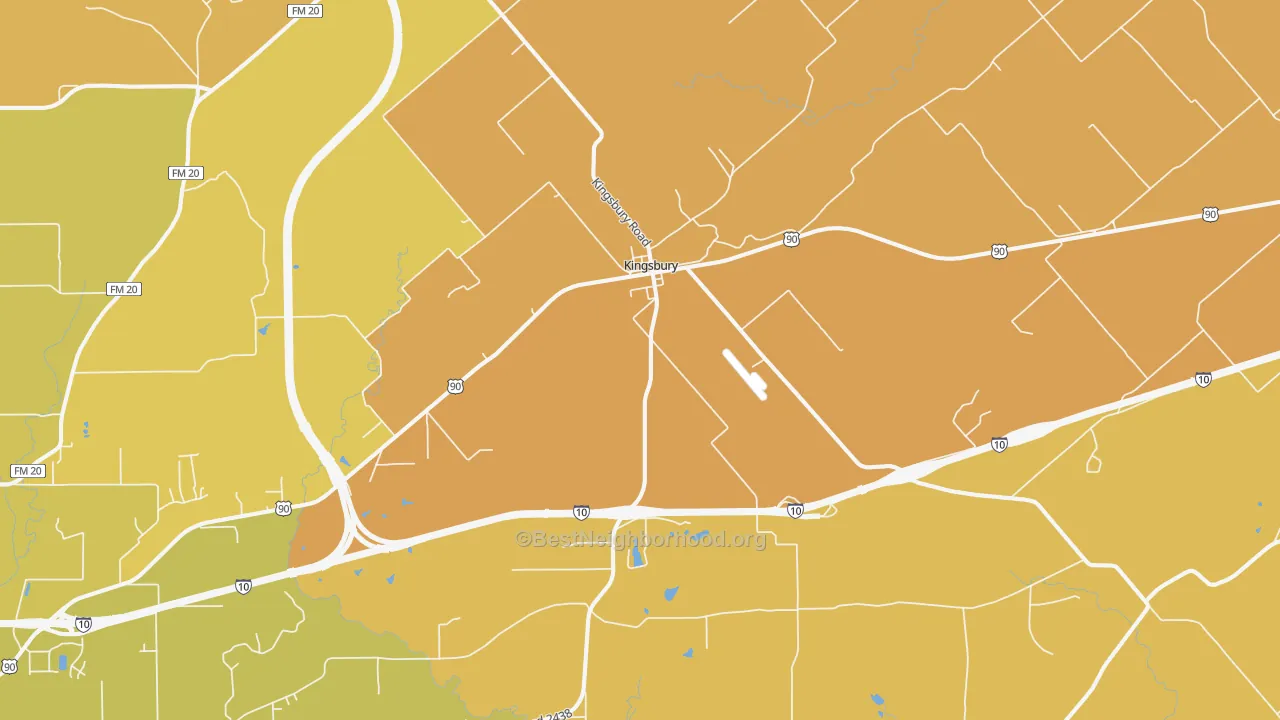 Map of the best neighborhoods in the Kingsbury area, with better matches in green and worse matches in red