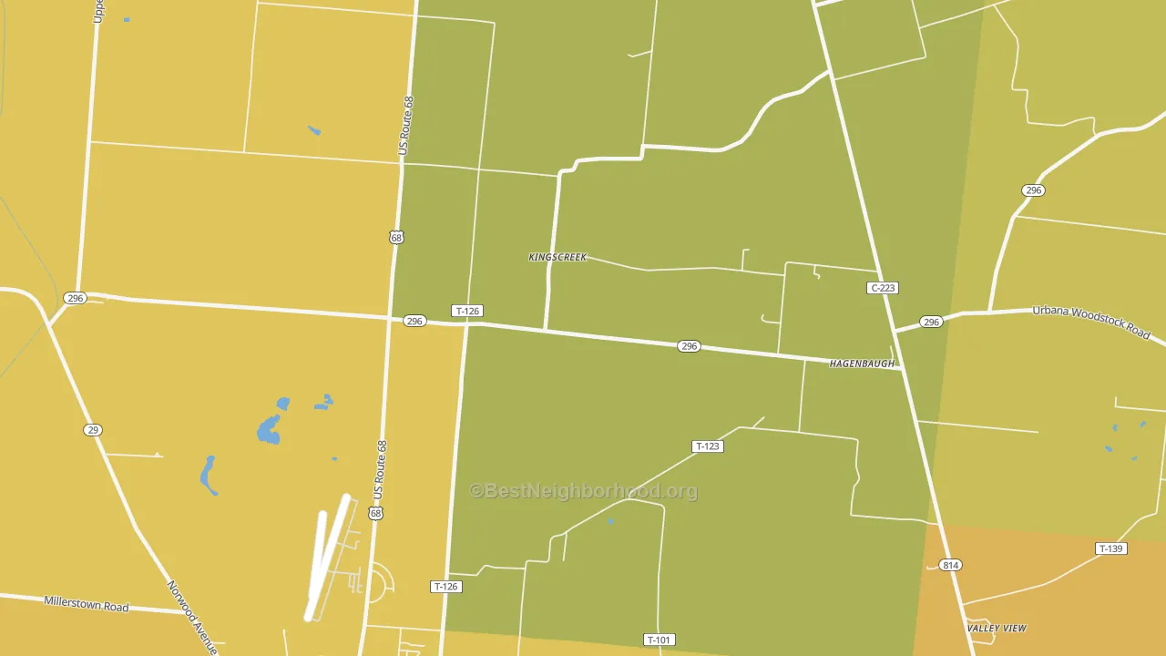 Map of the best neighborhoods in the Kingscreek area, with better matches in green and worse matches in red