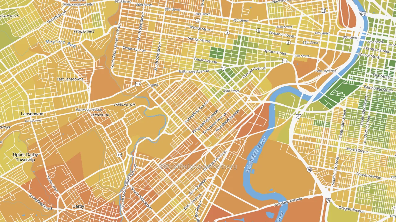 Map of the best neighborhoods in the Kingsessing, Philadelphia area, with better matches in green and worse matches in red
