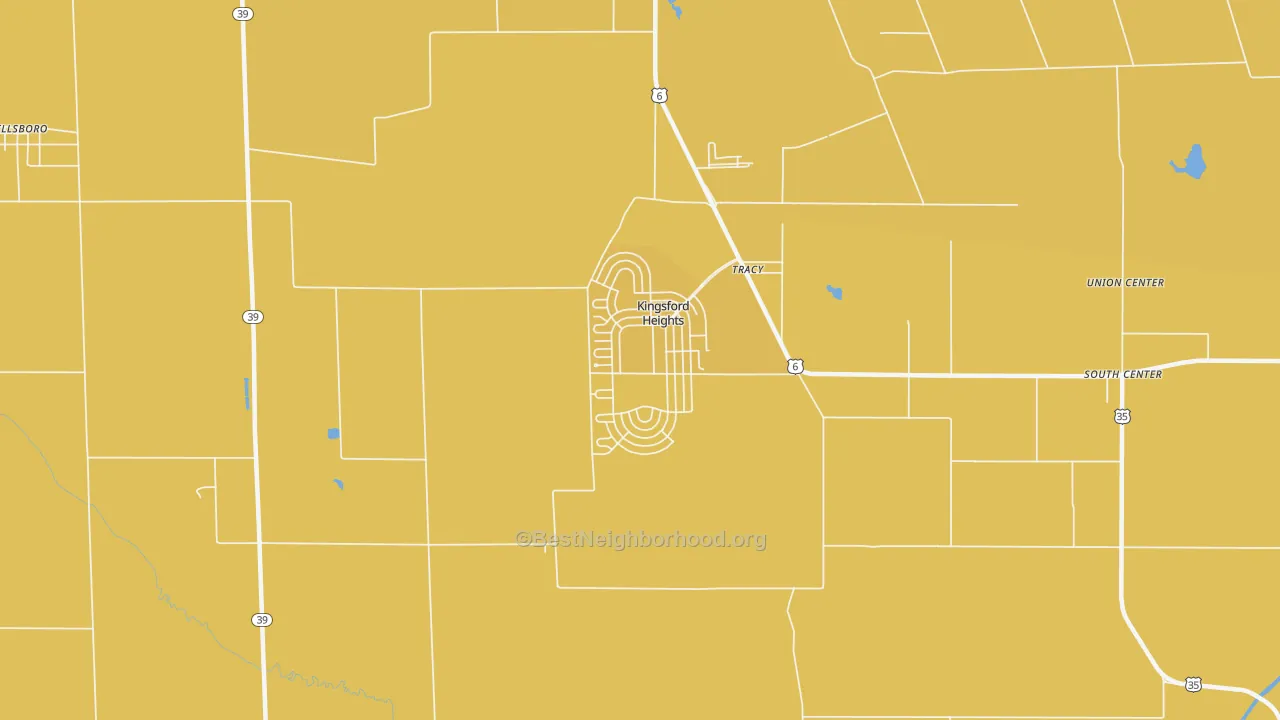 Map of the best neighborhoods in the Kingsford Heights area, with better matches in green and worse matches in red
