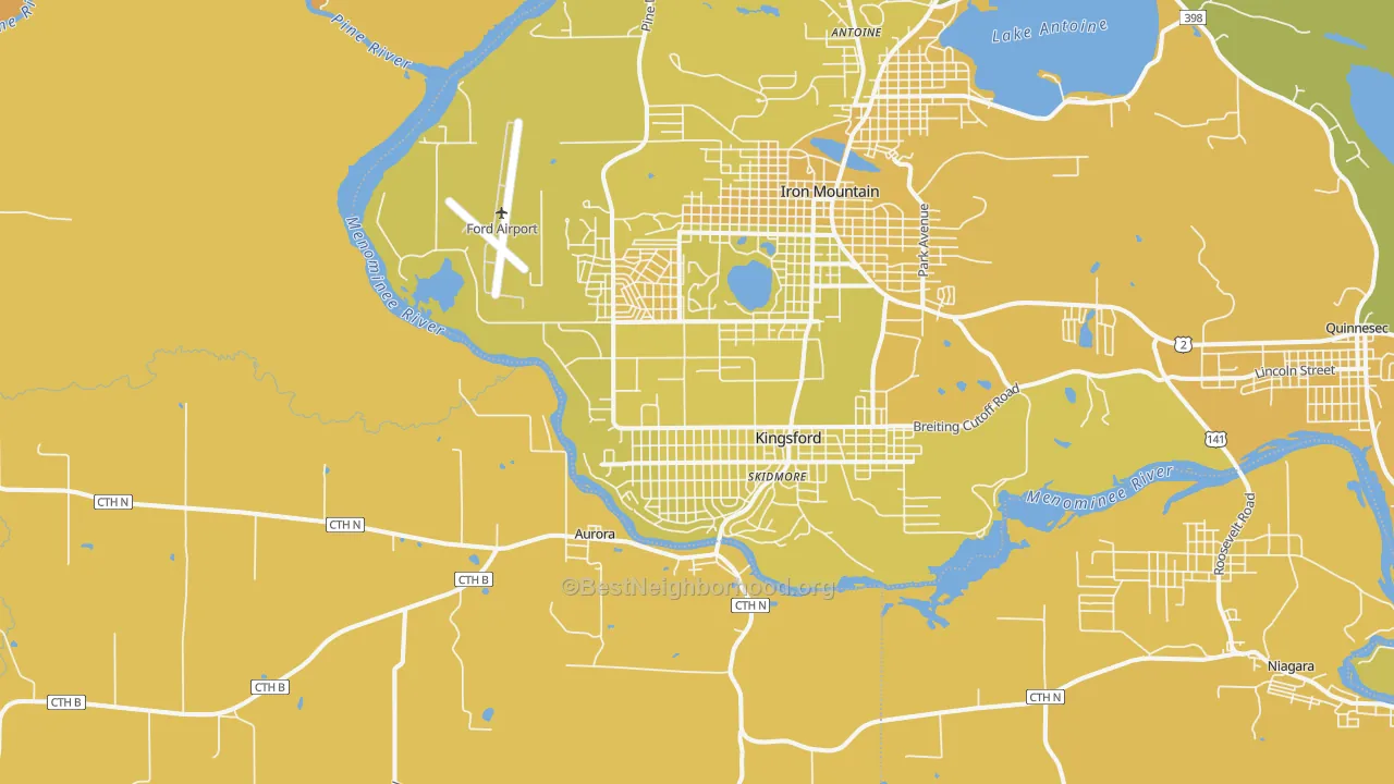 Map of the best neighborhoods in the Kingsford area, with better matches in green and worse matches in red