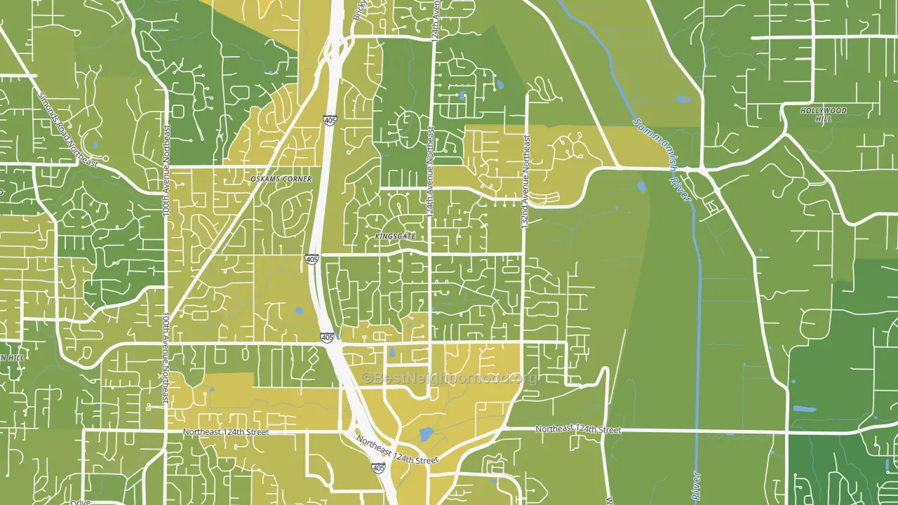 Map of the best neighborhoods in the Kingsgate area, with better matches in green and worse matches in red