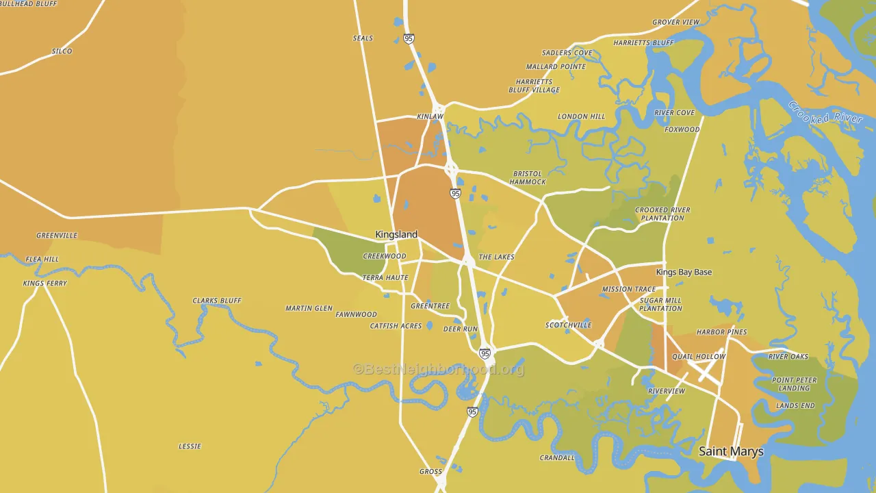 Map of the best neighborhoods in the Kingsland area, with better matches in green and worse matches in red