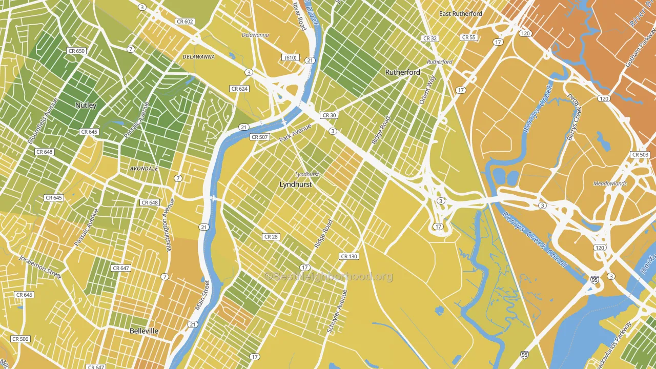 Map of the best neighborhoods in the Kingsland, Lyndhurst area, with better matches in green and worse matches in red