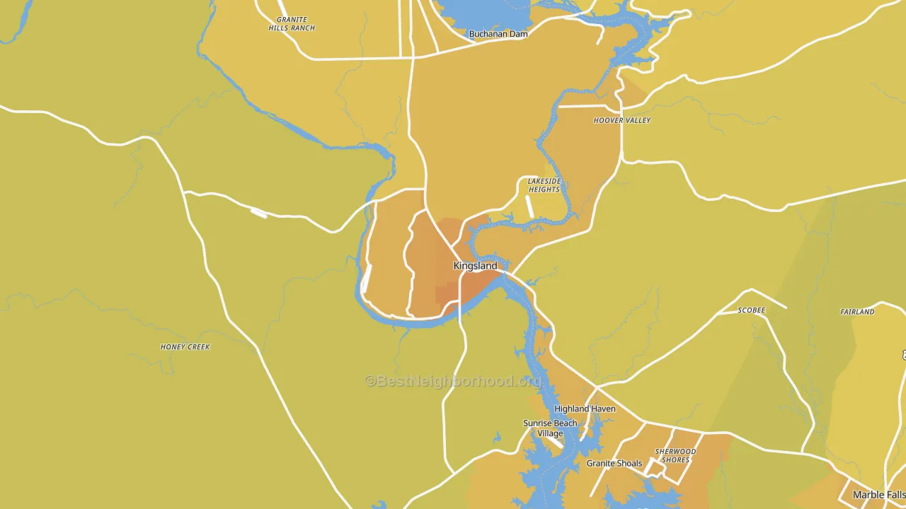 Map of the best neighborhoods in the Kingsland area, with better matches in green and worse matches in red