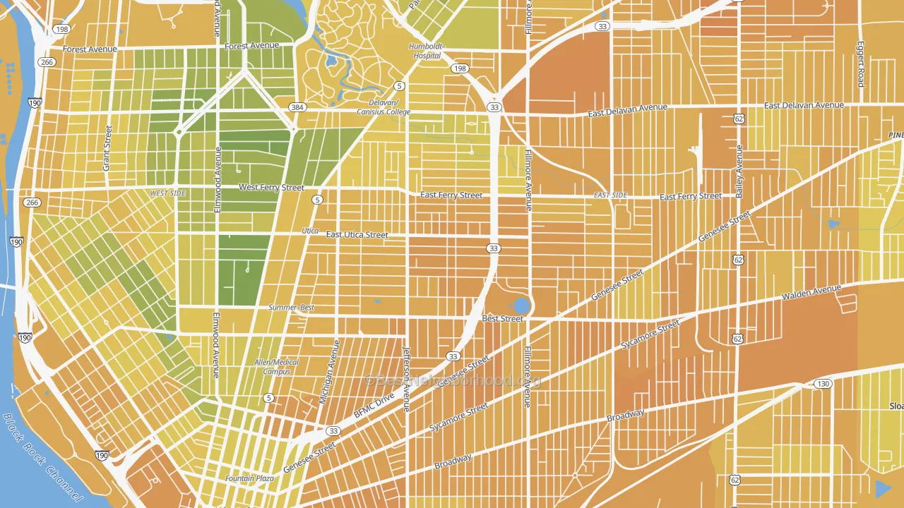 Map of the best neighborhoods in the Kingsley, Buffalo area, with better matches in green and worse matches in red