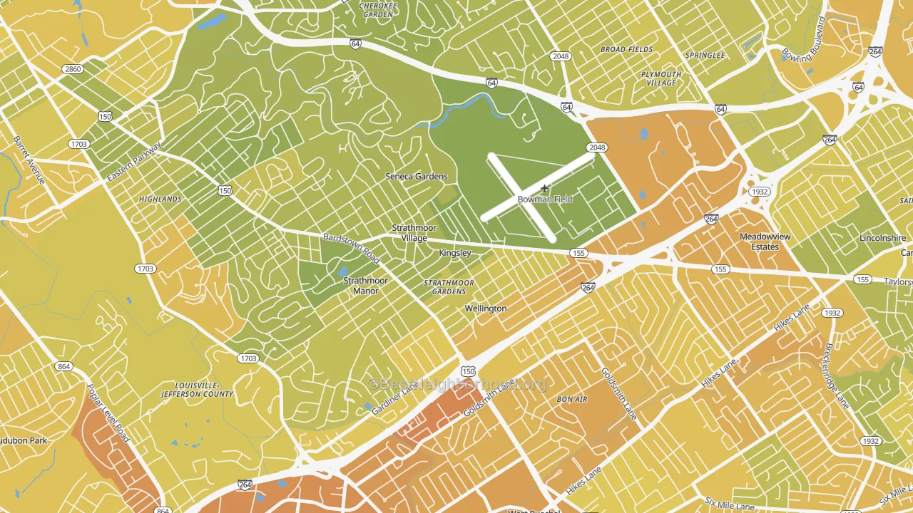 Map of the best neighborhoods in the Kingsley area, with better matches in green and worse matches in red