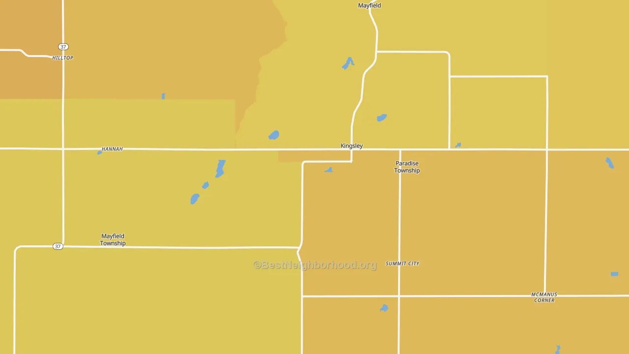 Map of the best neighborhoods in the Kingsley area, with better matches in green and worse matches in red
