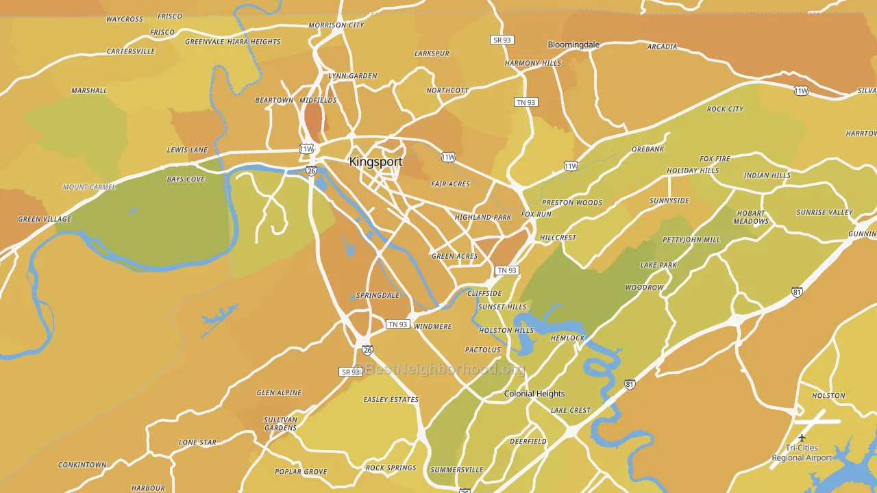 Map of the best neighborhoods in the Kingsport Metro area, with better matches in green and worse matches in red