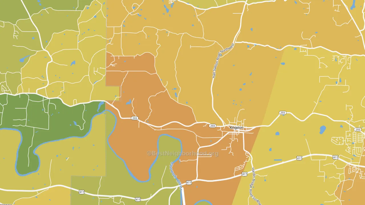 Map of the best neighborhoods in the Kingston area, with better matches in green and worse matches in red