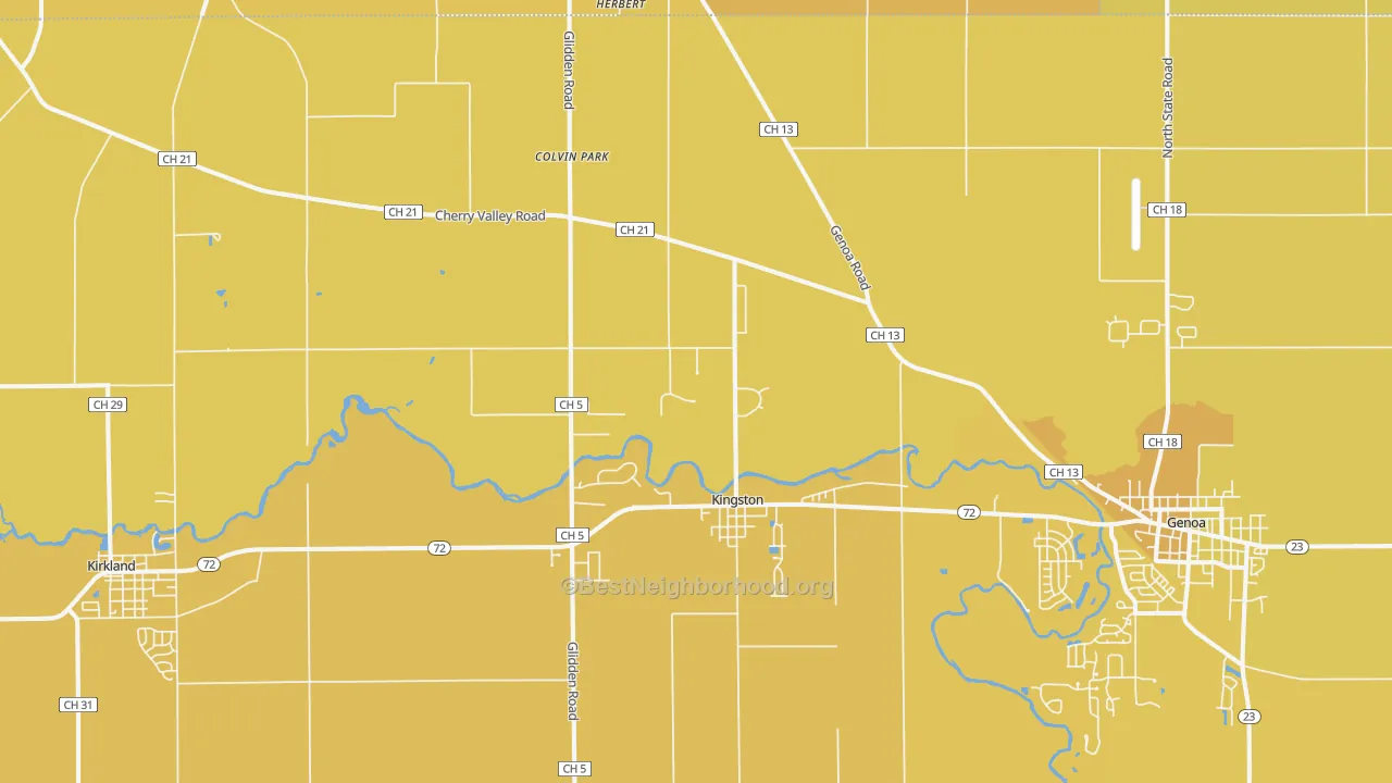 Map of the best neighborhoods in the Kingston area, with better matches in green and worse matches in red
