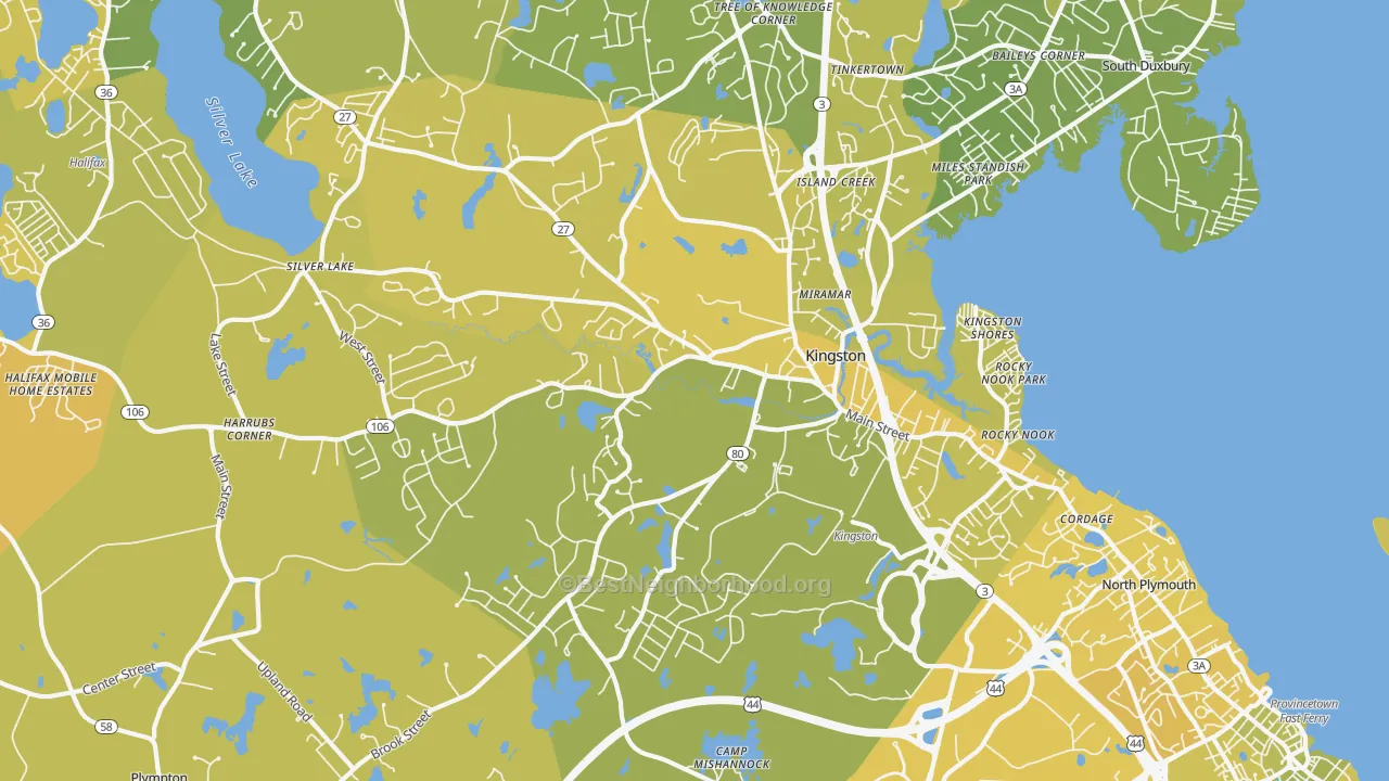 Map of the best neighborhoods in the Kingston area, with better matches in green and worse matches in red