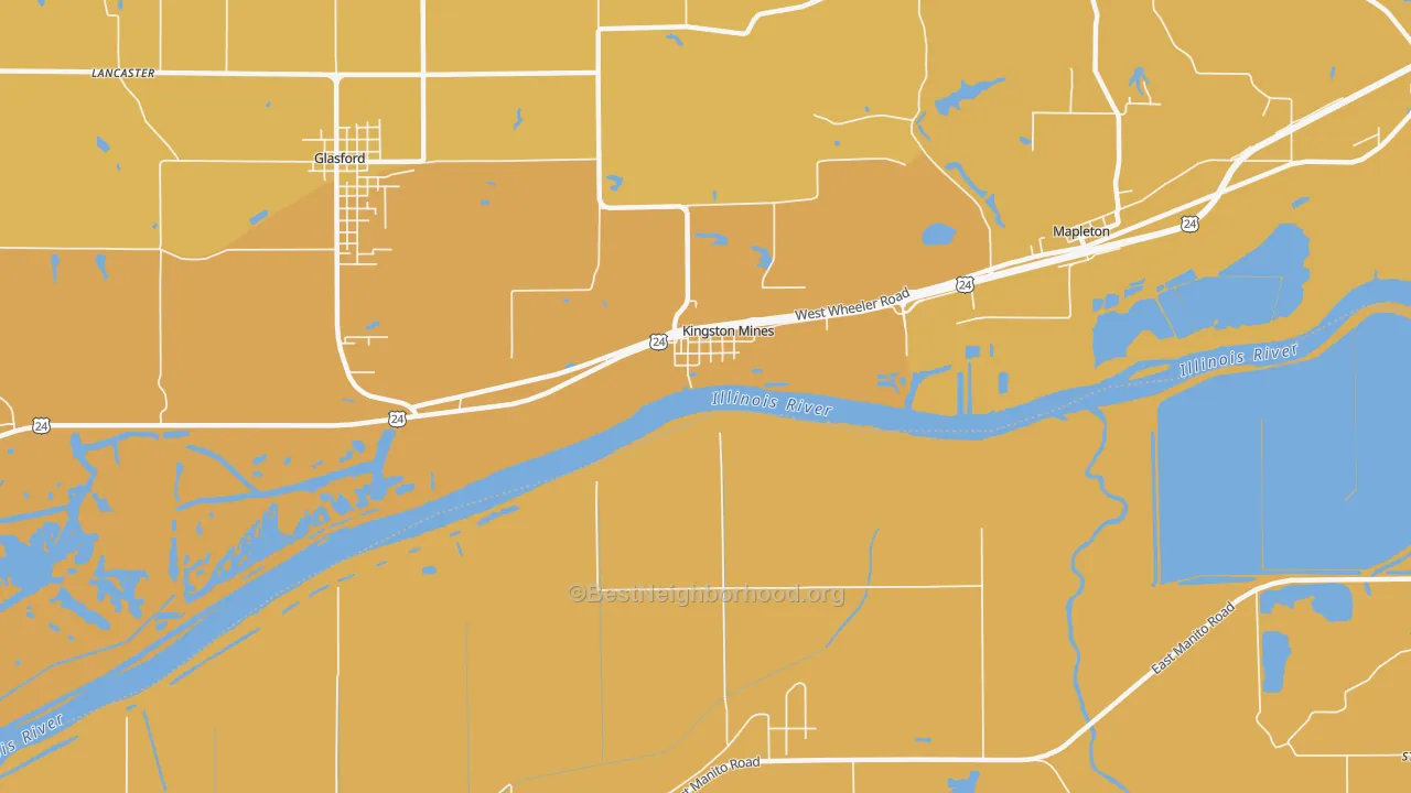 Map of the best neighborhoods in the Kingston Mines area, with better matches in green and worse matches in red