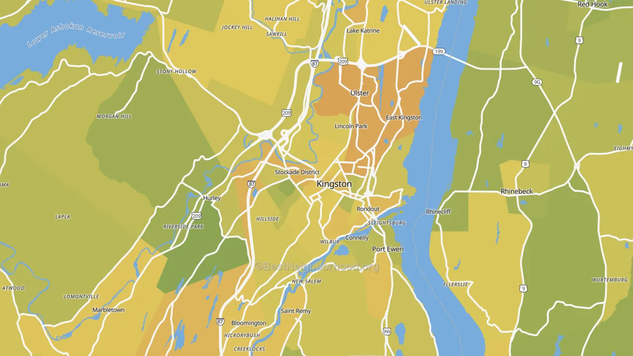 Map of the best neighborhoods in the Kingston Metro area, with better matches in green and worse matches in red