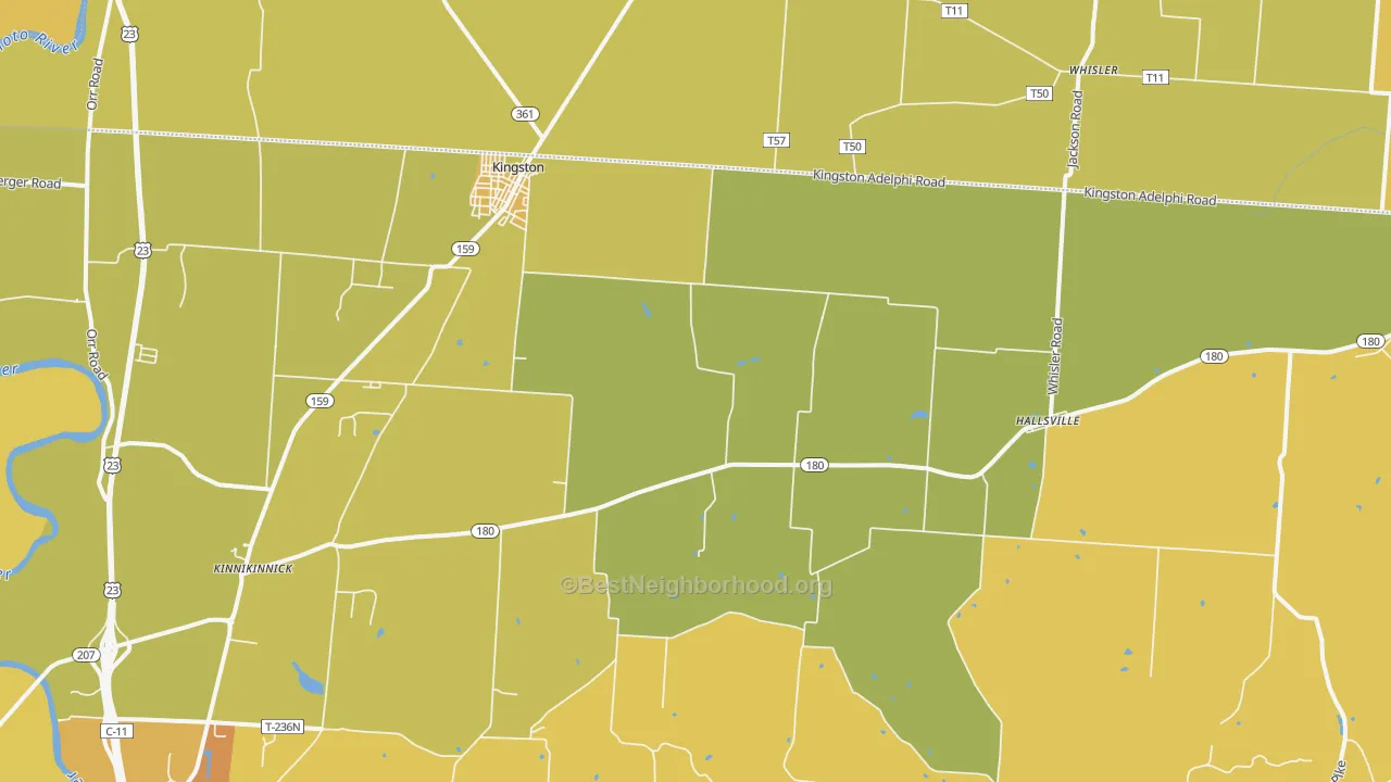 Map of the best neighborhoods in the Kingston area, with better matches in green and worse matches in red