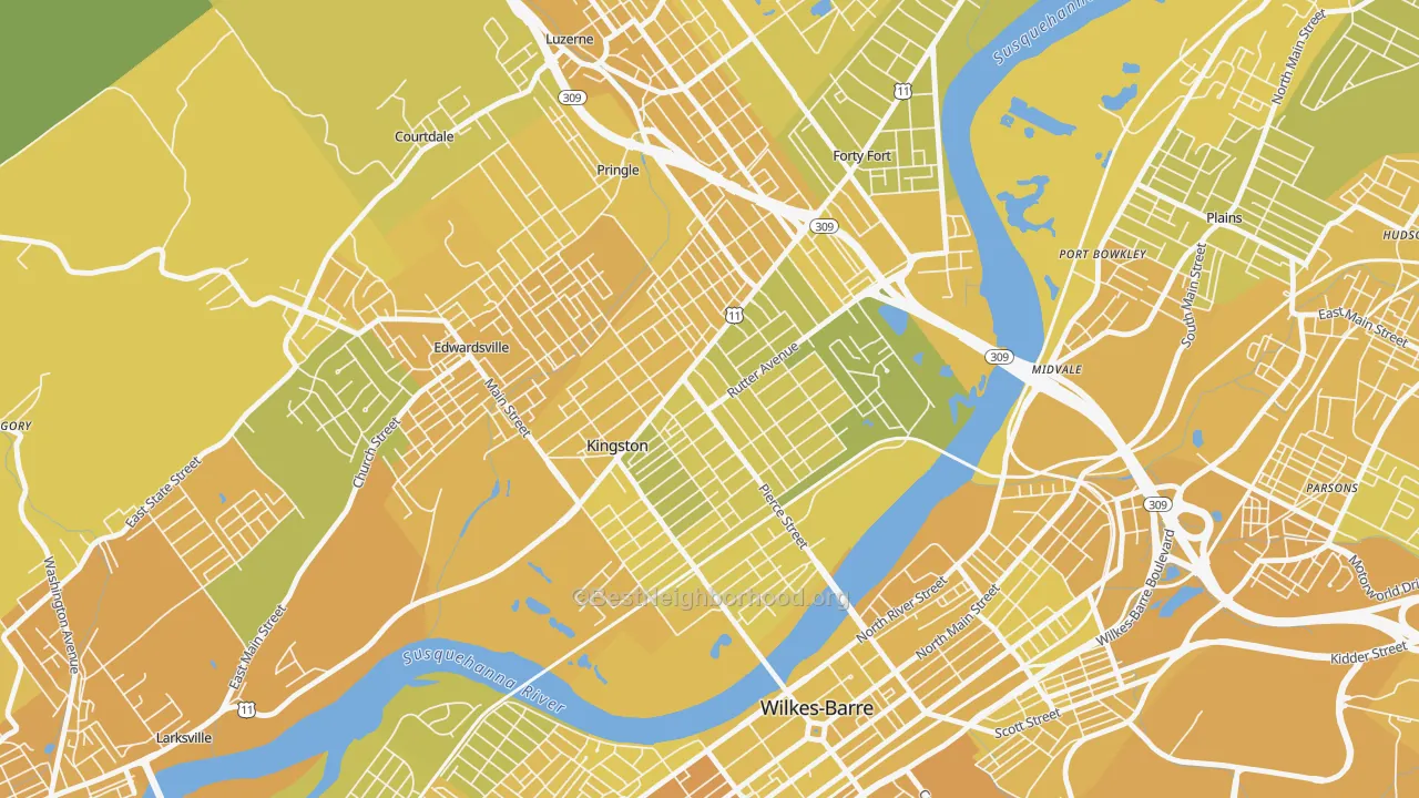 Map of the best neighborhoods in the Kingston area, with better matches in green and worse matches in red