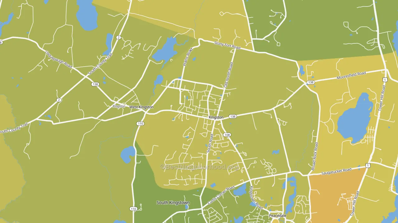 Map of the best neighborhoods in the Kingston area, with better matches in green and worse matches in red