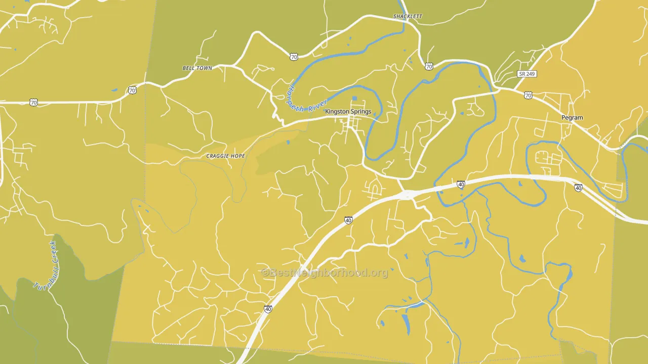 Map of the best neighborhoods in the Kingston Springs area, with better matches in green and worse matches in red