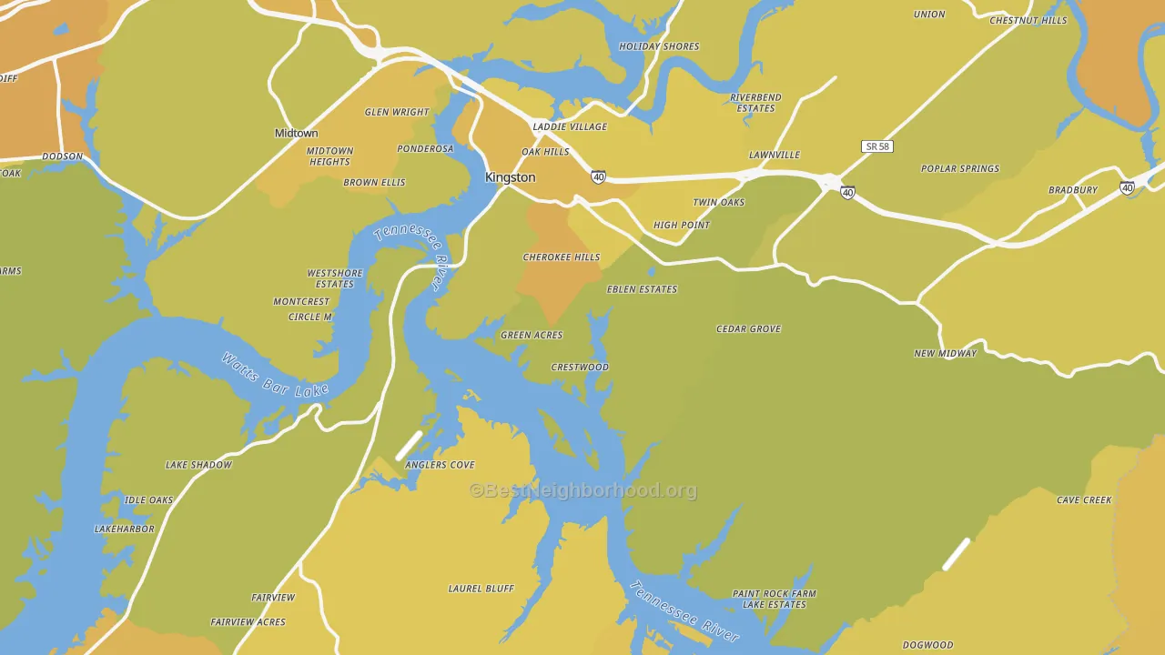 Map of the best neighborhoods in the Kingston area, with better matches in green and worse matches in red