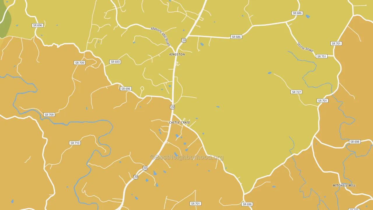 Map of the best neighborhoods in the Kingston area, with better matches in green and worse matches in red