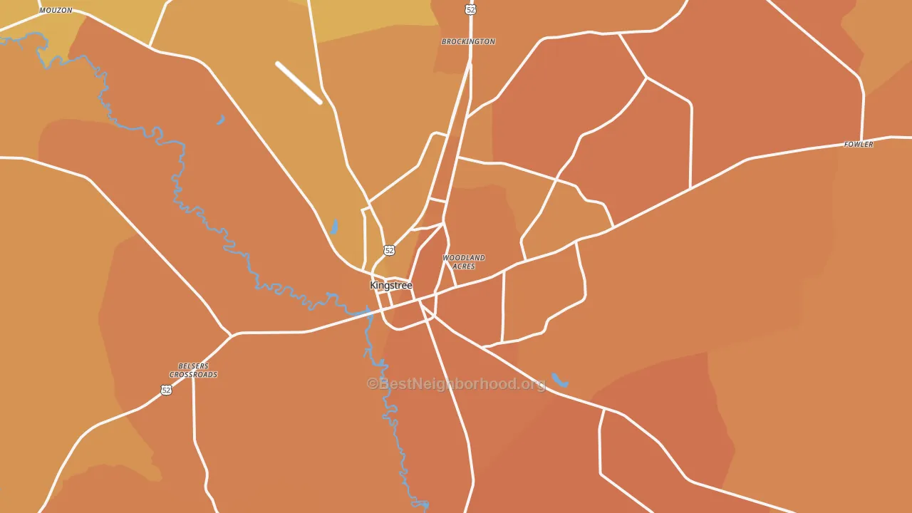 Map of the best neighborhoods in the Kingstree area, with better matches in green and worse matches in red