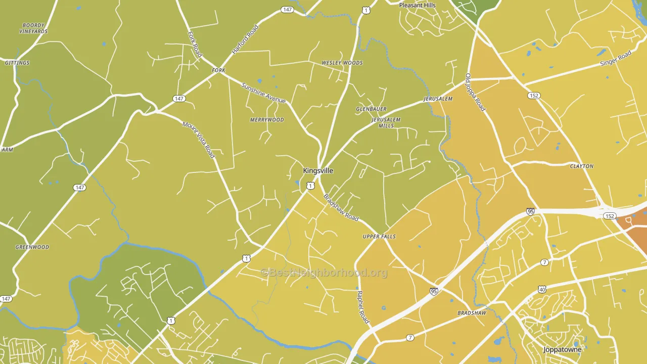Map of the best neighborhoods in the Kingsville area, with better matches in green and worse matches in red