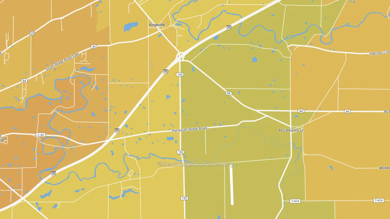 Map of the best neighborhoods in the Kingsville area, with better matches in green and worse matches in red