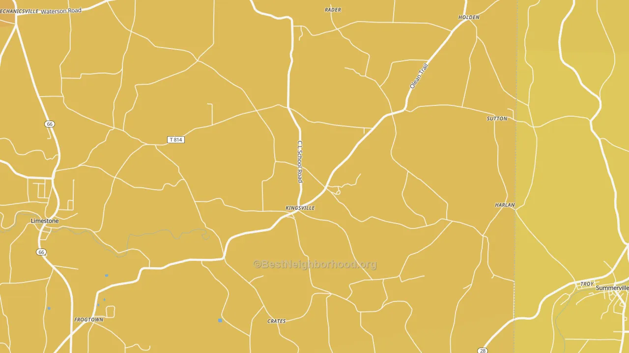 Map of the best neighborhoods in the Kingsville area, with better matches in green and worse matches in red