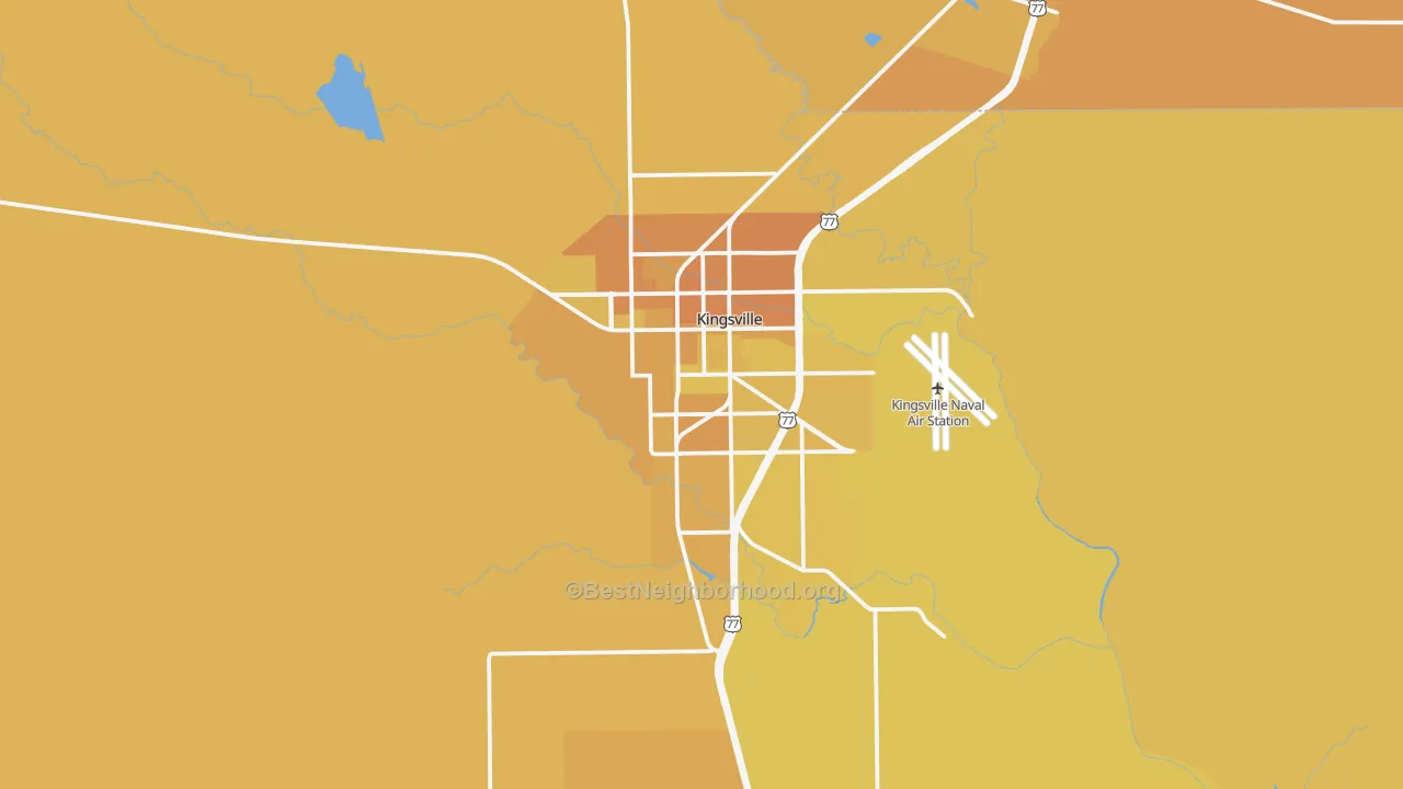 Map of the best neighborhoods in the Kingsville area, with better matches in green and worse matches in red