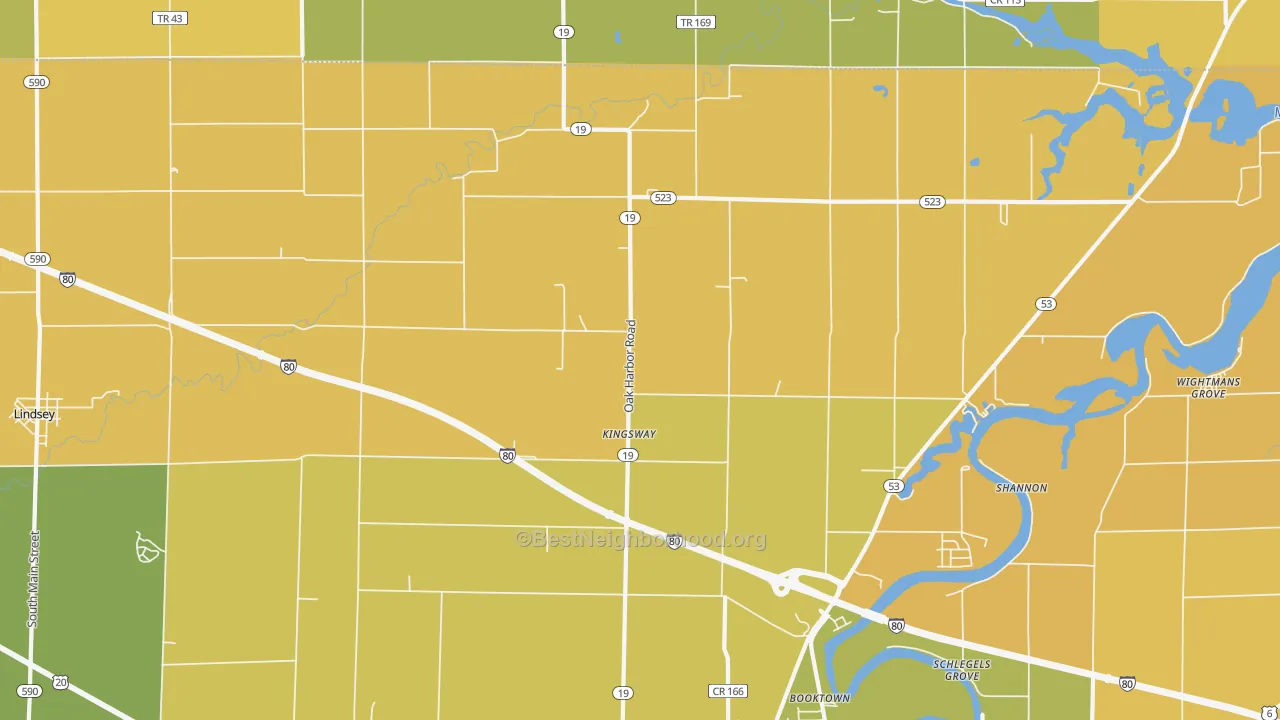 Map of the best neighborhoods in the Kingsway area, with better matches in green and worse matches in red