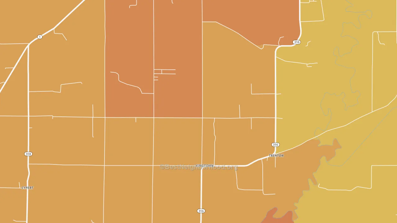 Map of the best neighborhoods in the Kingtown area, with better matches in green and worse matches in red