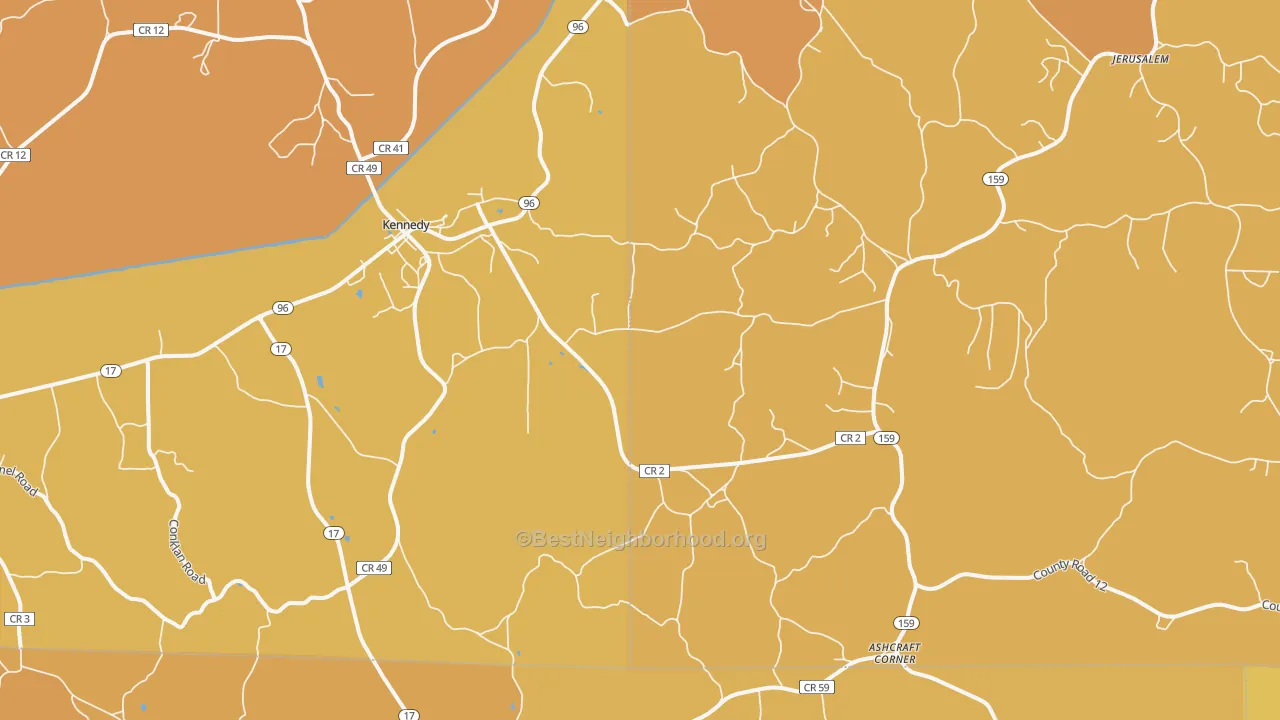 Map of the best neighborhoods in the Kingville area, with better matches in green and worse matches in red