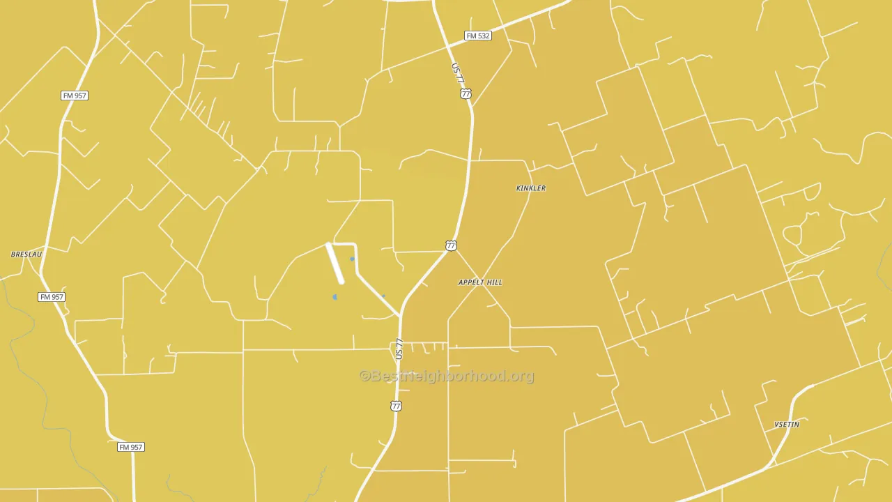 Map of the best neighborhoods in the Kinkler area, with better matches in green and worse matches in red