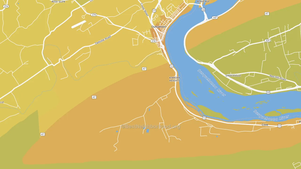 Map of the best neighborhoods in the Kinkora Heights area, with better matches in green and worse matches in red