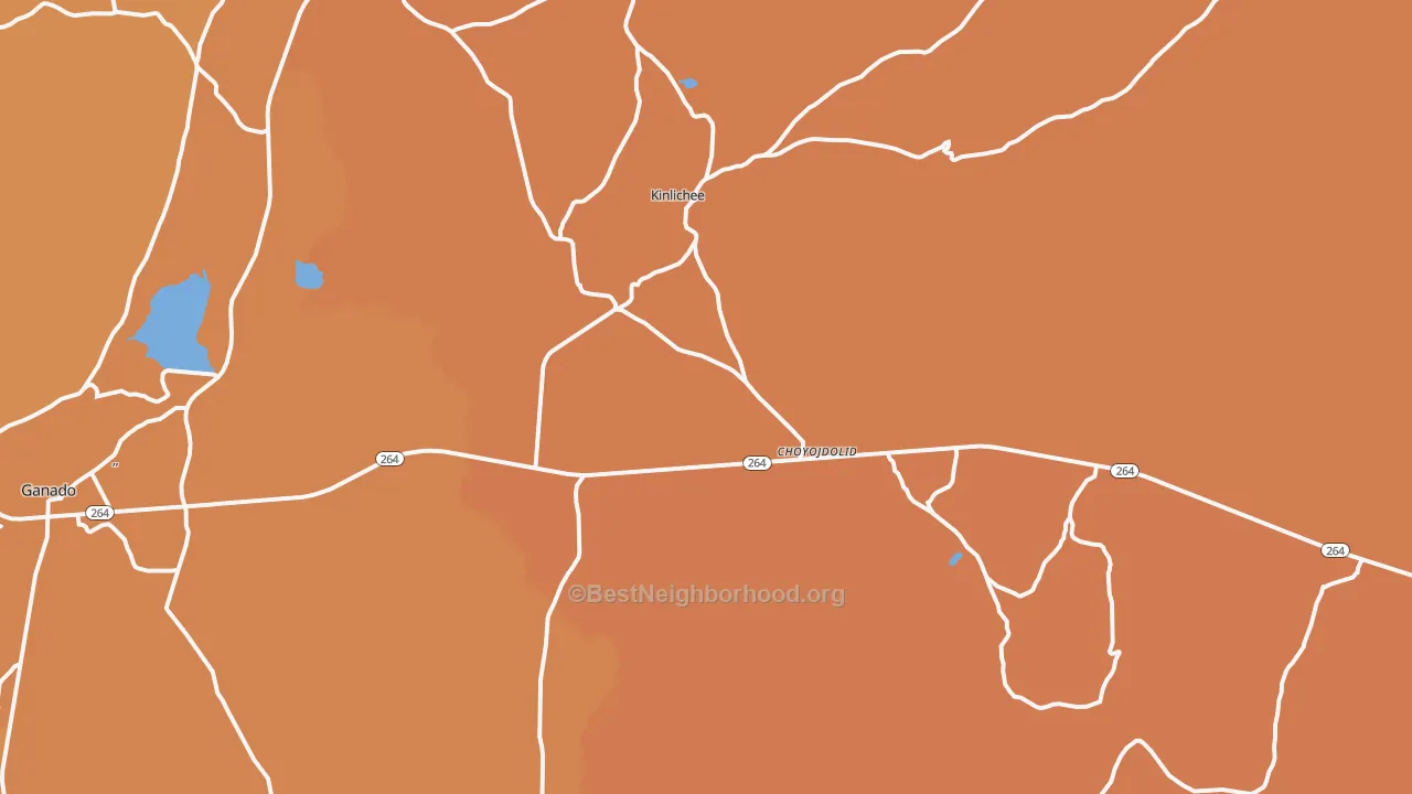 Map of the best neighborhoods in the Kinlichee area, with better matches in green and worse matches in red