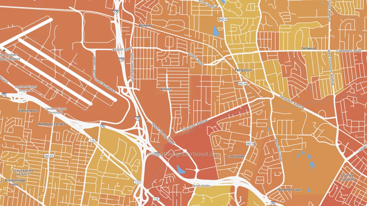 Map of the best neighborhoods in the Kinloch area, with better matches in green and worse matches in red