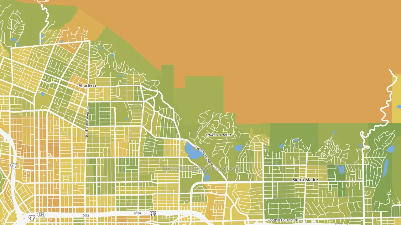 Map of the best neighborhoods in the Kinneloa Mesa area, with better matches in green and worse matches in red