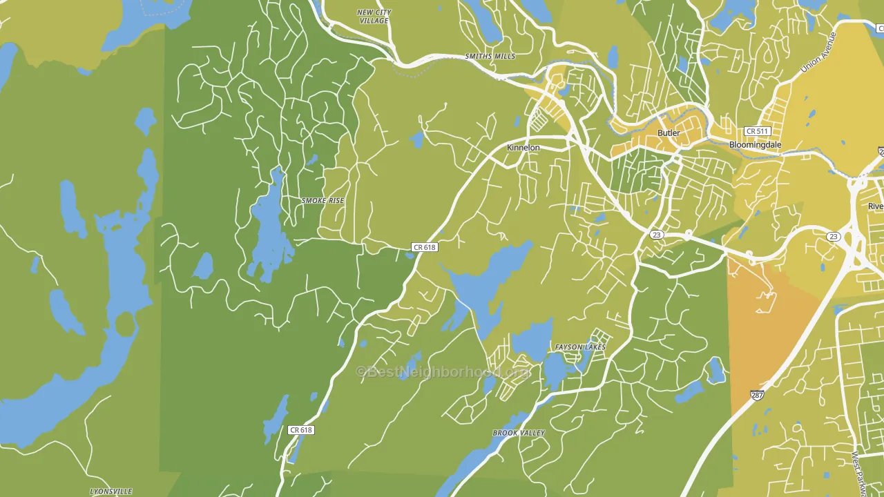 Map of the best neighborhoods in the Kinnelon area, with better matches in green and worse matches in red