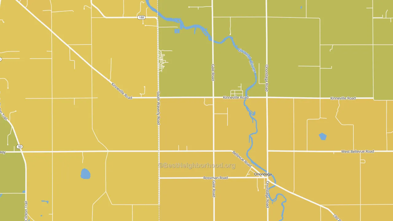 Map of the best neighborhoods in the Kinneville area, with better matches in green and worse matches in red