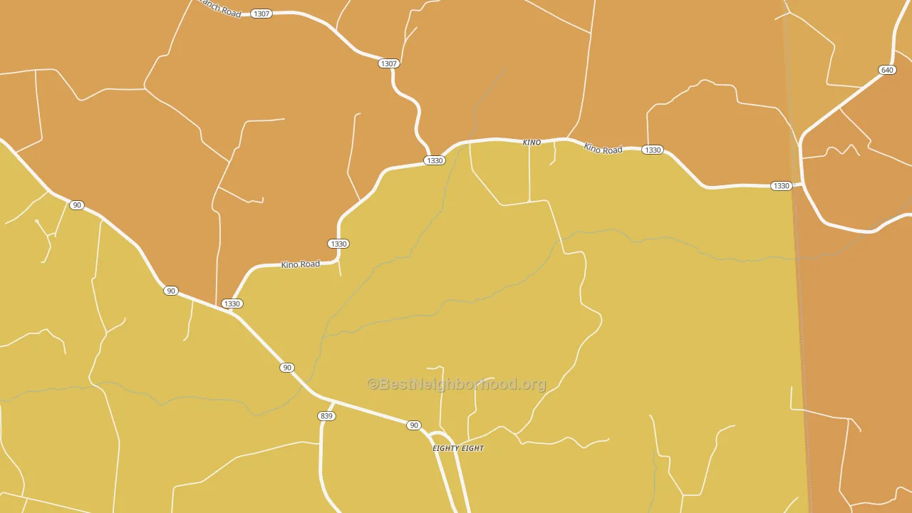 Map of the best neighborhoods in the Kino area, with better matches in green and worse matches in red