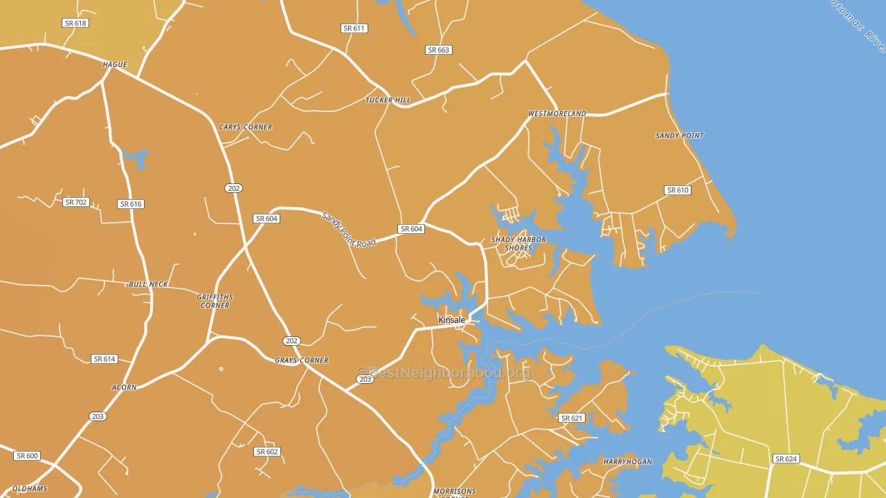 Map of the best neighborhoods in the Kinsale area, with better matches in green and worse matches in red