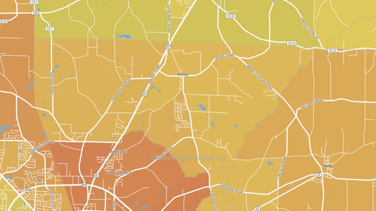 Map of the best neighborhoods in the Kinsey area, with better matches in green and worse matches in red