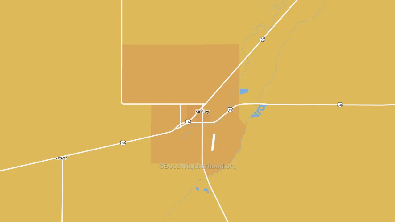 Map of the best neighborhoods in the Kinsley area, with better matches in green and worse matches in red