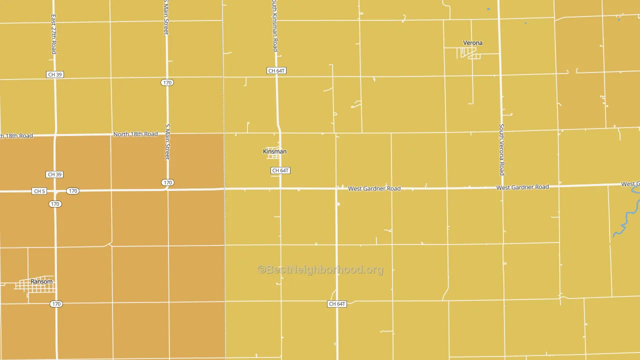 Map of the best neighborhoods in the Kinsman area, with better matches in green and worse matches in red