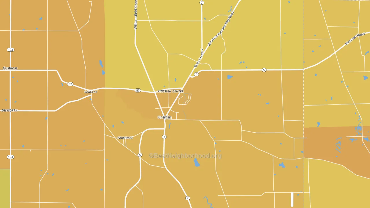Map of the best neighborhoods in the Kinsman area, with better matches in green and worse matches in red