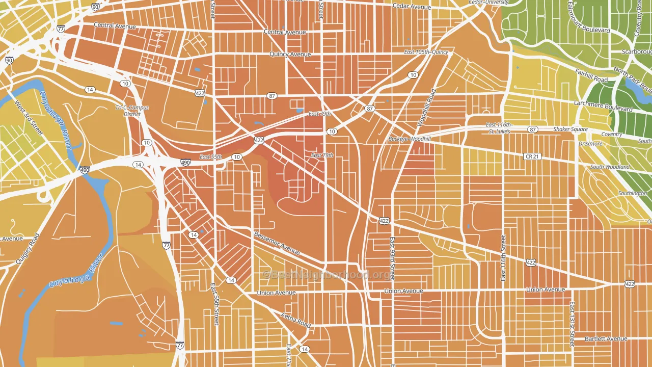 Map of the best neighborhoods in the Kinsmith, Cleveland area, with better matches in green and worse matches in red