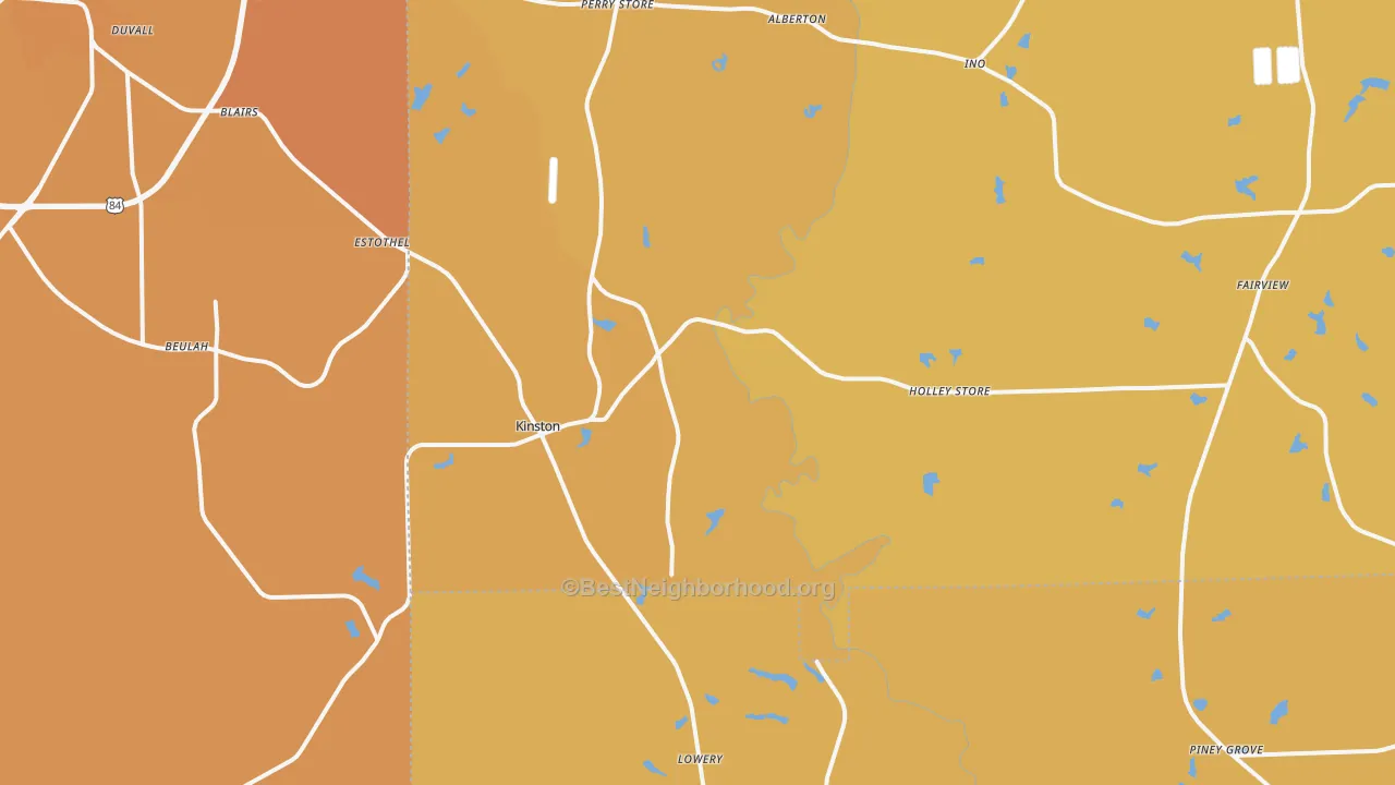 Map of the best neighborhoods in the Kinston area, with better matches in green and worse matches in red